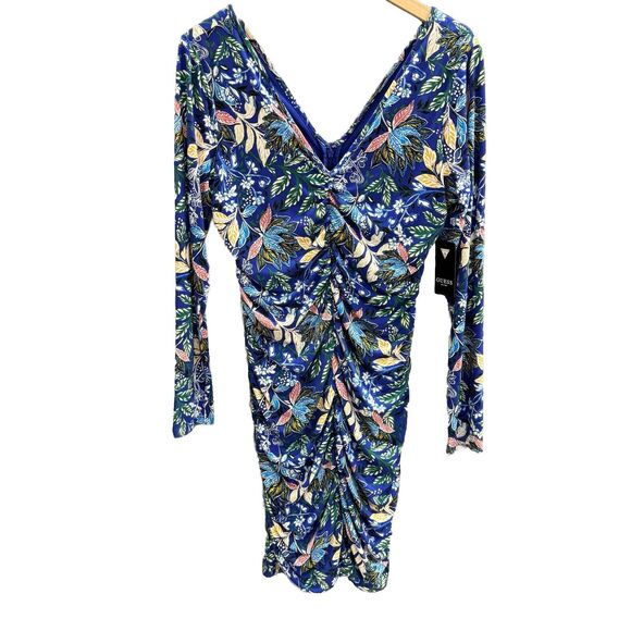Womens Size 14 Guess Blue Floral Ruched Sheath Dress V Neck Bodycon Party - Picture 1 of 10